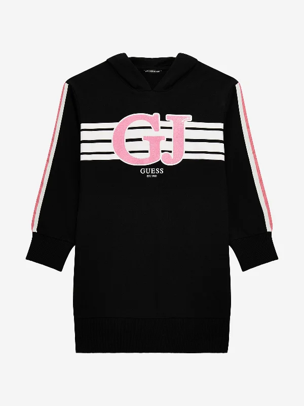 Guess Girls Hooded Sweater Dress in Black Front Pockets Side Pockets Patch Pockets