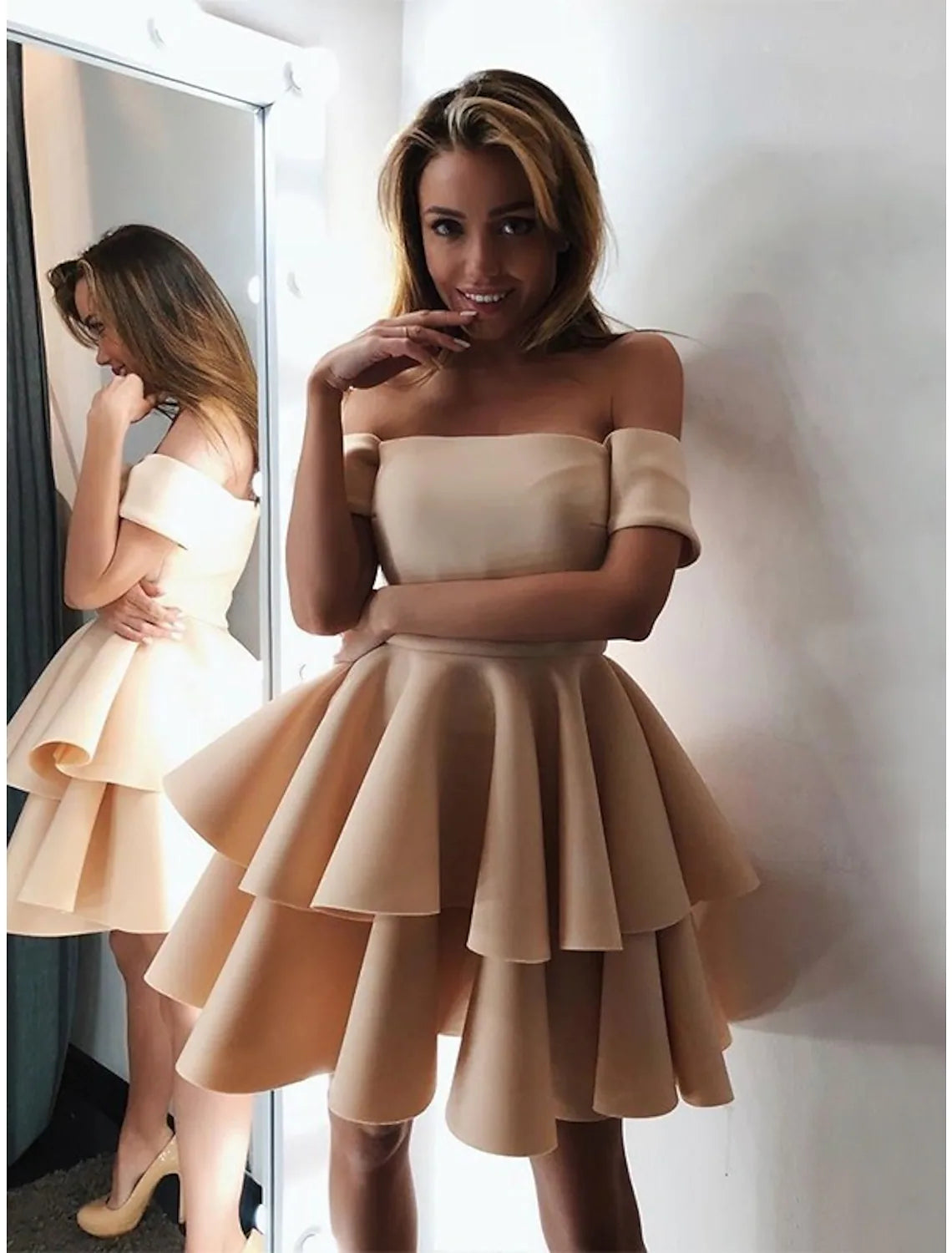 A-Line Cocktail Dresses Engagement Knee Length Short Sleeve Off Shoulder Satin with Tiered Maxi Flowy Bohemian