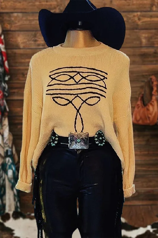 Vintage Western Boot Print Sweater Tailored Straight A-Line