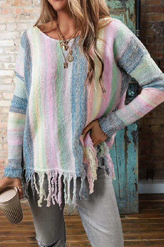 Cozy Striped Fringe Print Sweater Wool Sweater Cotton Sweater Cashmere Sweater