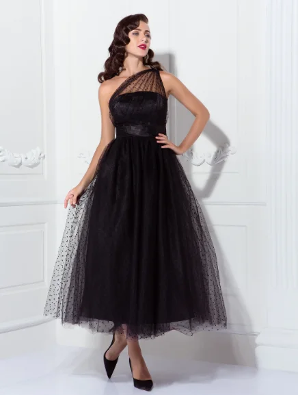 A-Line Prom Cocktail Dresses Vintage Dress Wedding Guest Sleeveless One Shoulder Tulle with Pleats Pattern Print Tunics Lace romantic