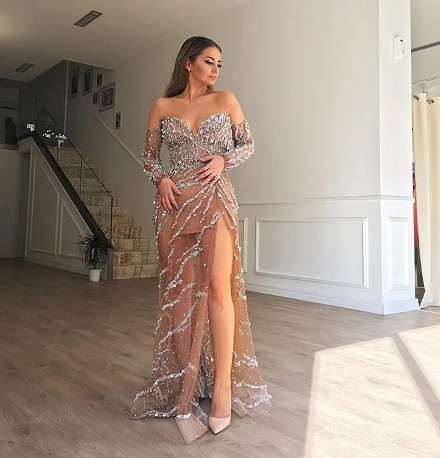 Sweetheart Tulle Backless Long Sleeve Rhinestones Sparkly Sequin Prom Dresses, FC3836 Tunics Custom made