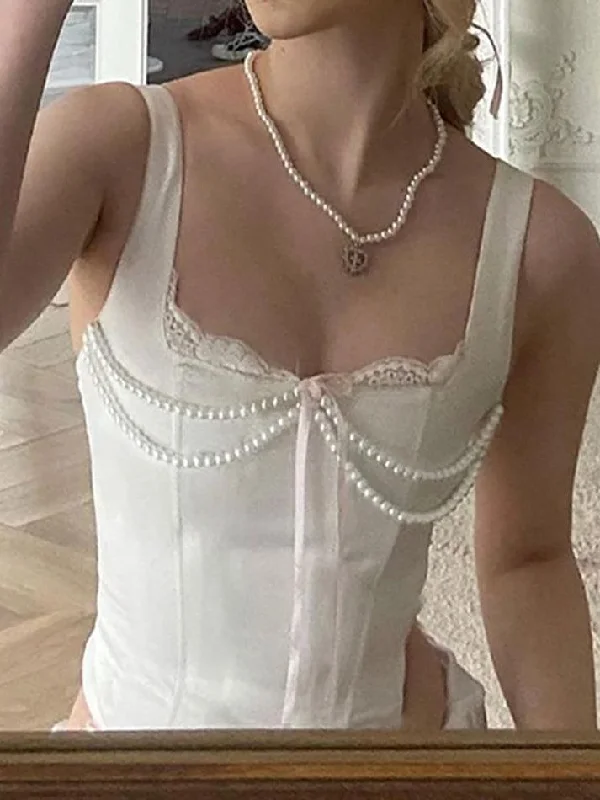 Square-Neck Lace-Trim Faux Pearl Bow Accent Corset Tank Top gold tank top