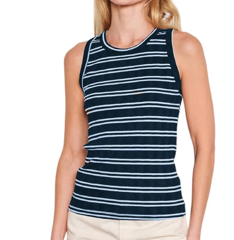 Variegated Rib Stripe High Crew Tank Top In Deep Navy sage tank top