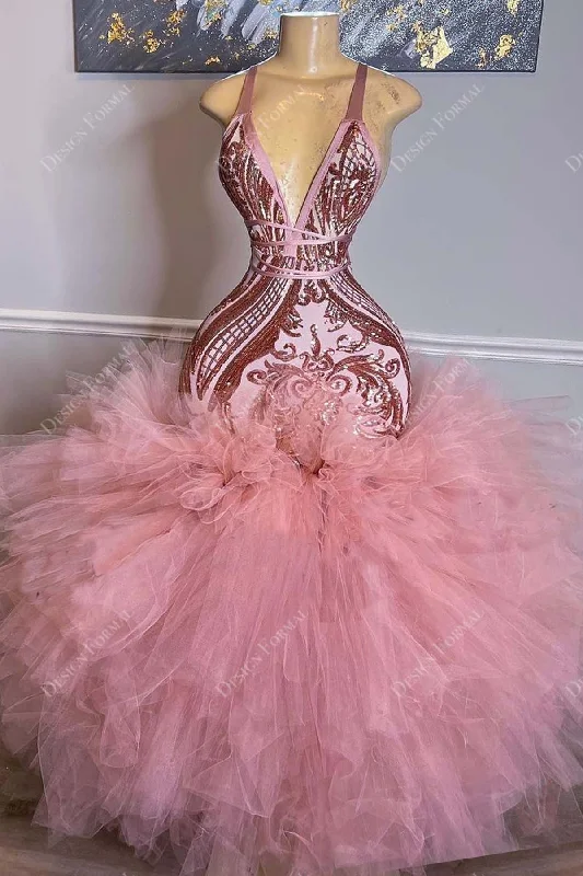 Halter Neck Rose Gold Sequin Trumpet Tulle Handmade Prom Dress Cowl Neckline Elegant