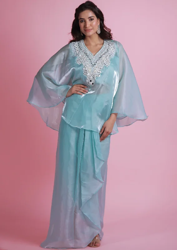 Sea Green Organza Indo-Western Top with Skirt Set pencil skirt chic