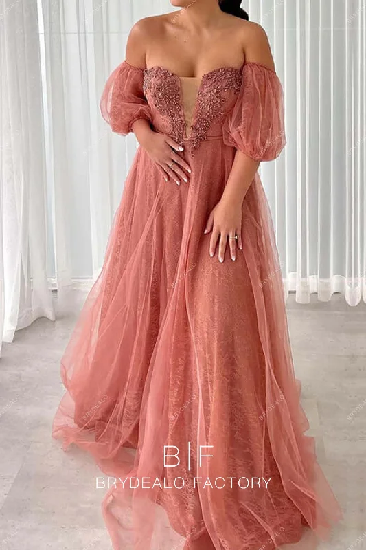 Peach Lace Off Shoulder Plunging Long Prom Formal Dress Tunics Party sparkling