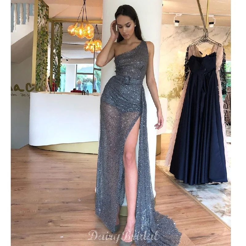 Sparkly Sequin Tulle One Shoulder Sexy High Slit Prom Dresses, FC4071 Tunics Stylish modern