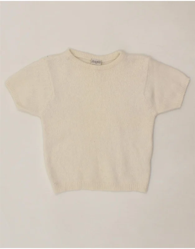 VINTAGE Womens Short Sleeve Crew Neck Jumper Sweater UK 10 Small Off White Hooded Caped Shawl Collar