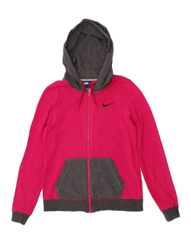 NIKE Womens Zip Hoodie Sweater UK 12 Medium Pink Colourblock Cotton Real Fur Shearling Chenille