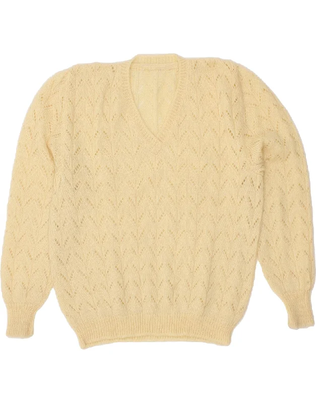 VINTAGE Womens V-Neck Jumper Sweater UK 14 Large Beige Polka Dot Checkered Tartan