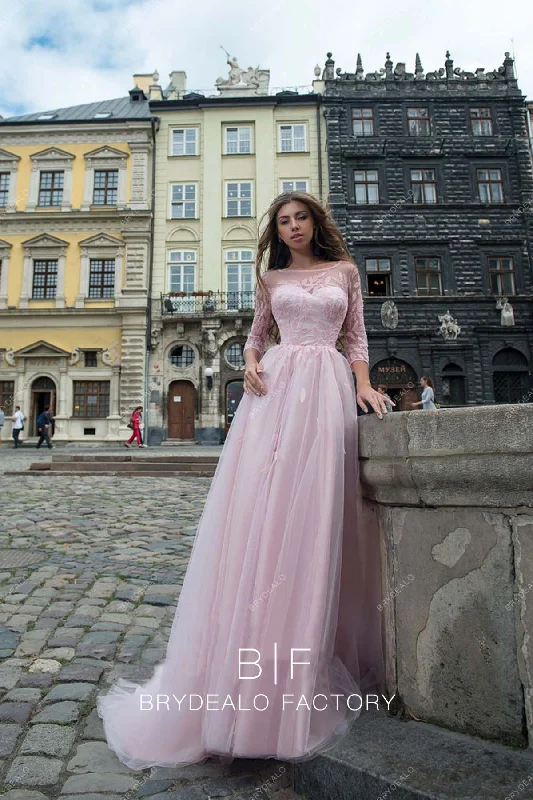 Candy Pink Illusion Neck 3/4 Lace Tulle Prom Formal Dress Tunics Bridal satin