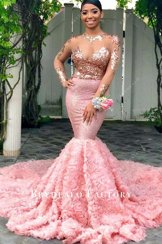 Pink Sequin Glitter Sheer Sleeves 3D Rose Mermaid Prom Dress Tunics Running lightweight