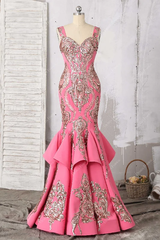 Gold Sequin Lace Pink Spandex Godet Unique Dress Tunics Handmade artisanal