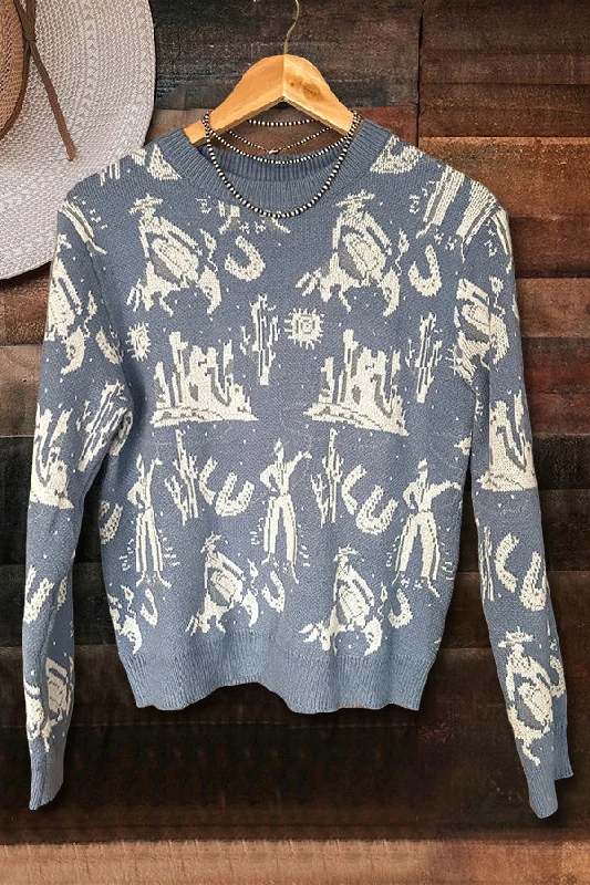Retro Western Desert Cowboys Sweater Boat Neck Shawl Collar Notched Collar