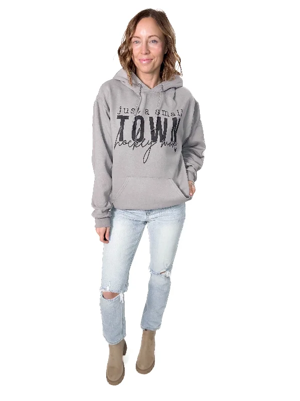 Small Town Hockey Mom Hoodie- STONE GREY Hoodie with Slit Hem Functional Movement