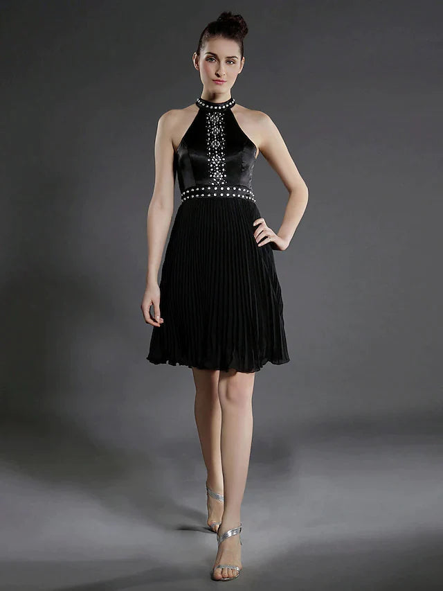 Little Black Dress Dress Holiday Knee Length Sleeveless High Neck Chiffon with Pleats Beading Tunics Favorite customer