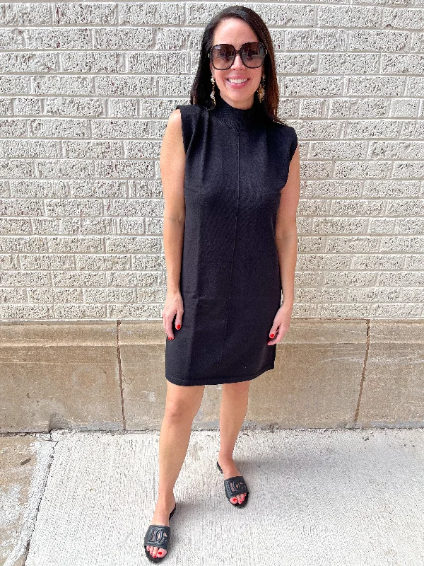 SLEEVELESS MOCK NECK KNIT DRESS- BLACK Tunics Polka dots