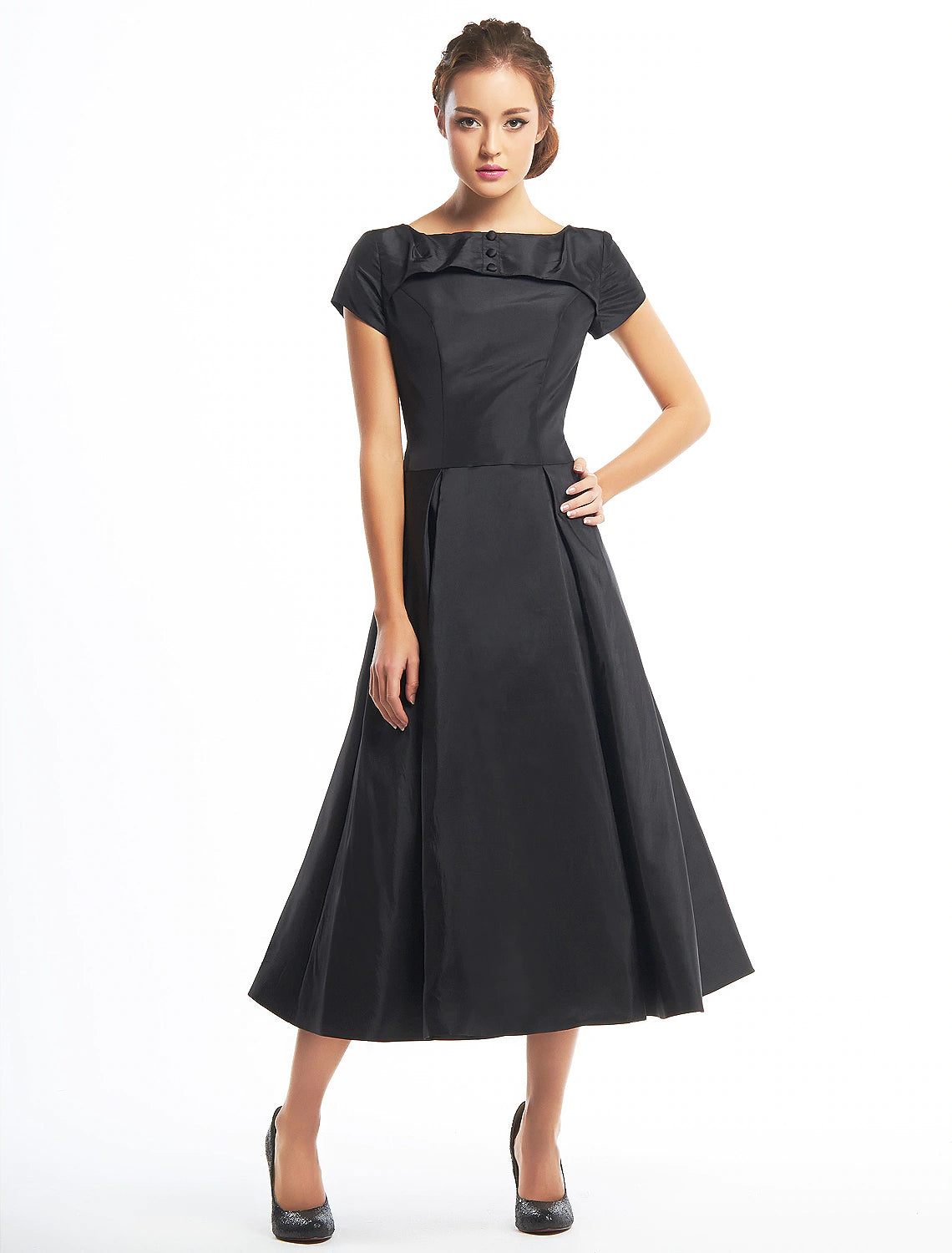 A-Line Vintage Dress Homecoming Tea Length Short Sleeve Boat Neck Taffeta with Buttons Tunics Stylish elegant