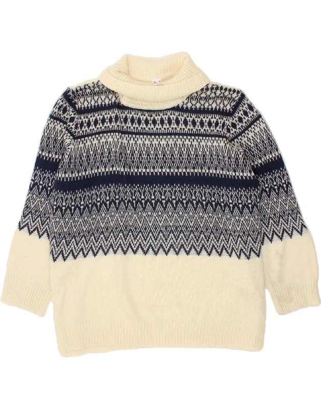 VINTAGE Womens Roll Neck Jumper Sweater US 22 2XL Off White Fair Isle Zippered Buttoned Snapped
