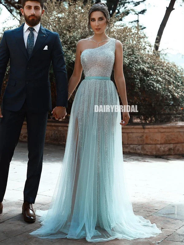 New Arrival One Shoulder Sparkle Sequin Tulle Slit Prom Dress, FC4390 Tunics Business professional