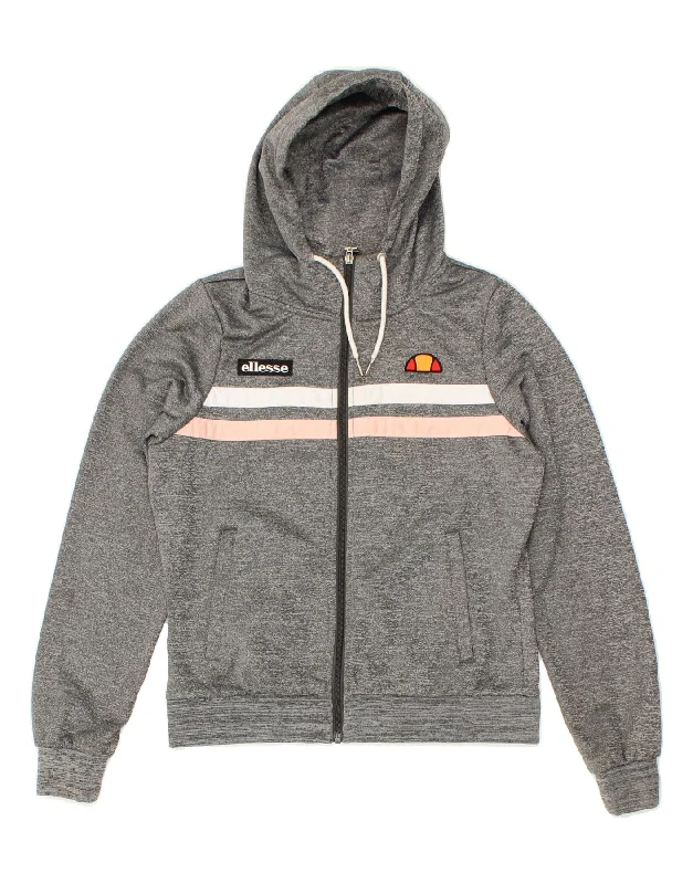 ELLESSE Womens Zip Hoodie Sweater UK 8 Small Grey Flecked Polyester Lace Blend Ribbed Blend Corduroy Blend