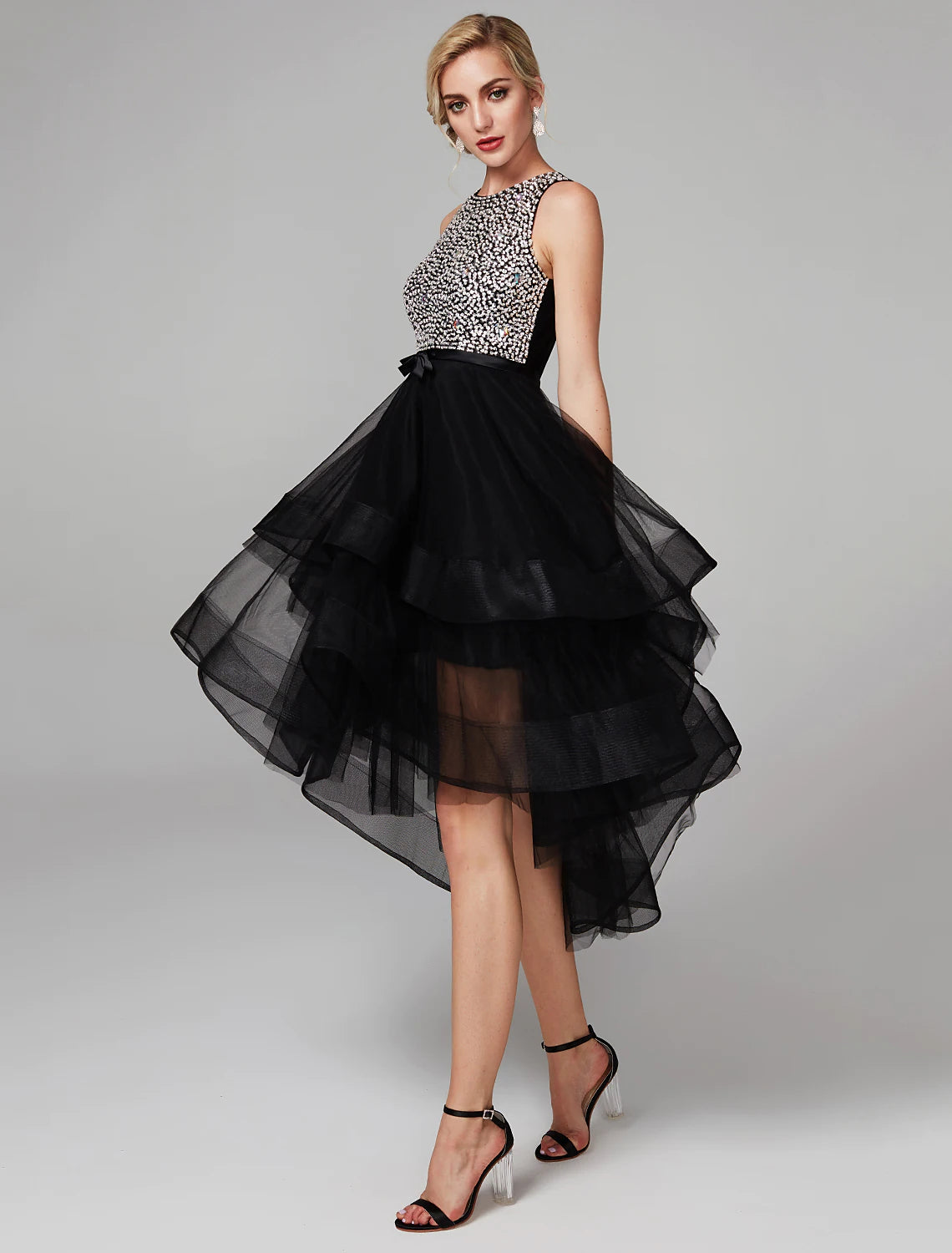 Ball Gown Cute Dress Homecoming Knee Length Sleeveless Jewel Neck Wednesday Addams Family Satin with Beading Cascading Ruffles Tunics stripes playful