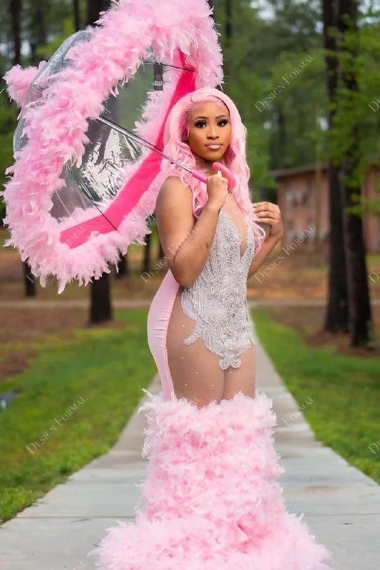 Crystals Illusion Pink Feather Trumpet Handmade Prom Dress Tunics Velvet soft