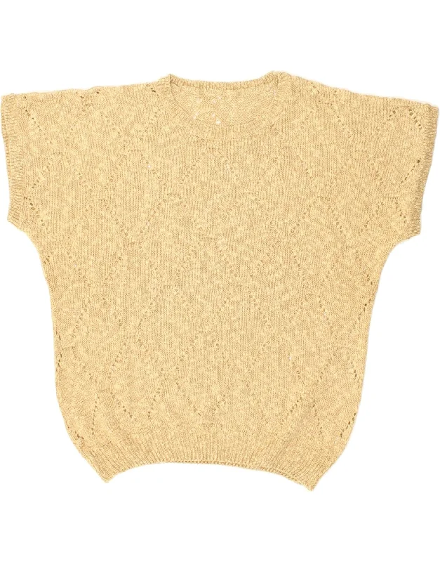 VINTAGE Womens Short Sleeve Boat Neck Jumper Sweater UK 14 Large Beige Boxy Sweater Fitted Sweater A-Line