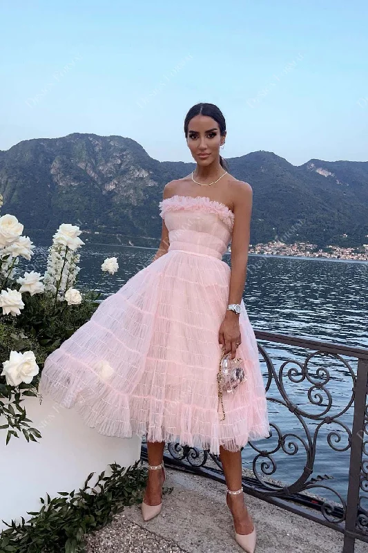 Pink Tulle Strapless Ruffled Tea Length Custom Formal Dress Maxi Flowy Bohemian