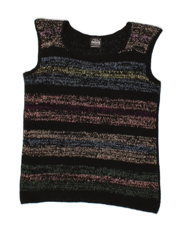 VINTAGE Womens Vest Tank Top UK 12 Medium Black Striped Polyacrylic casual tank top