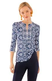 Gretchen Scott  Jersey Split Neck Tunic Piazza in Navy Solid Color Jersey Shirt