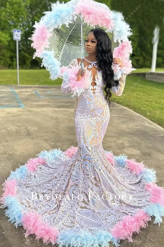 Iridescent Sequin Blue Pink Feather Long Train Prom Dress Tunics Corduroy durable