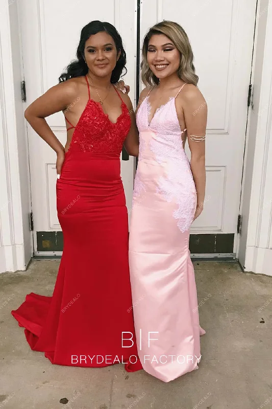 Baby Pink Satin Lace Low Back Floor Length Mermaid Prom Dress Tunics Handmade artisanal