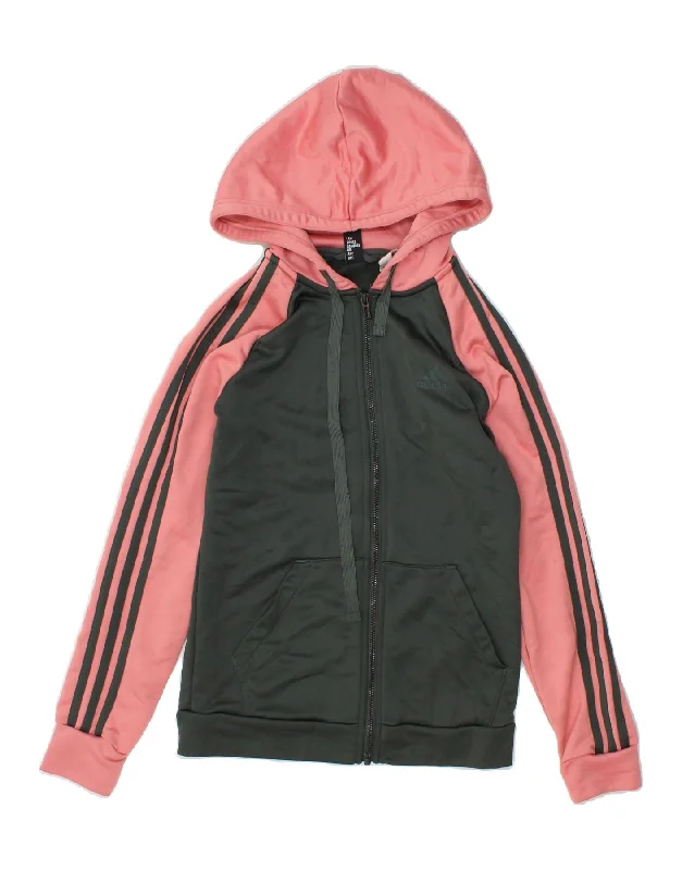 ADIDAS Womens Zip Hoodie Sweater UK 8/10 Small Grey Colourblock Polyester Cable Knit Ribbed Knit Lace Knit
