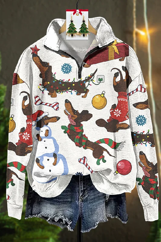 Christmas Play Dachshund Print Zip Sweater Notch Collar Peter Pan Collar Cowl Neck