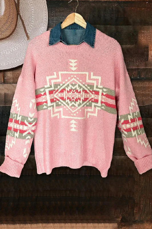Pink Aztec Printed Sweater Thin Thick Dense