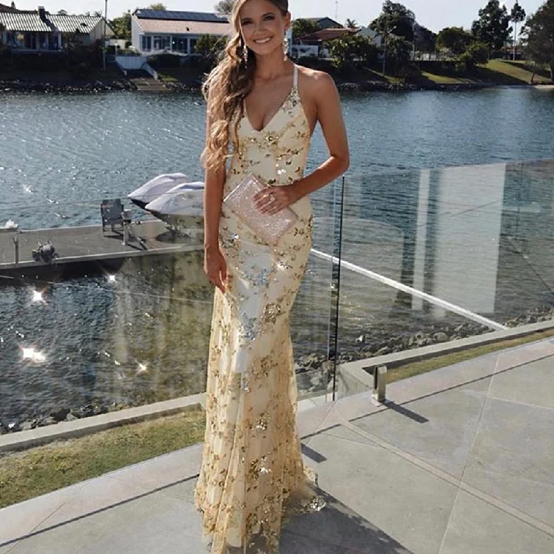 Gold Sequin Mermaid Backless V-Neck Prom Dresses, FC1938 Tunics Brand named