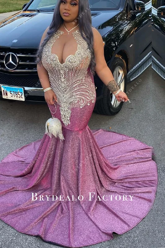 Rhinestones Plus Size Ombre Fuchsia Glitter Mermaid Prom Dress Tunics Winter warm