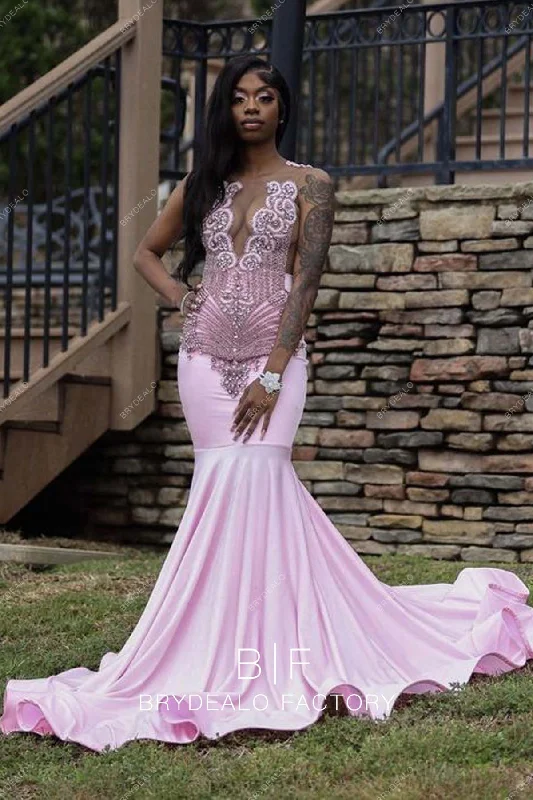 Rhinestones Pink Sleeveless Plunging Stretchy Mermaid Prom Dress Tunics Brand named