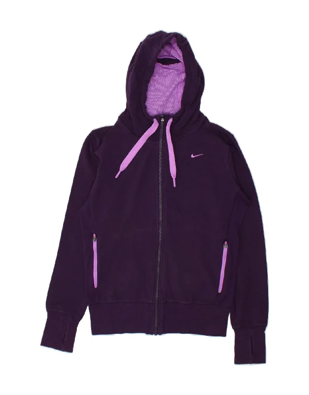 NIKE Womens Dri Fit Zip Hoodie Sweater UK 14 Medium Purple Polyester Cashmere Blend Cotton Blend Poly Blend