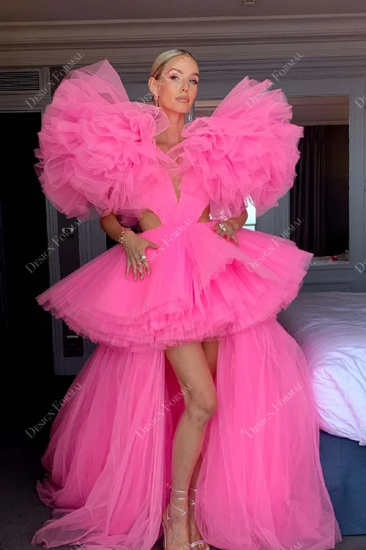 Pink Tulle Ruffled High-Low Cutout Designer Prom Pageant Dress Tunics Solid Classic