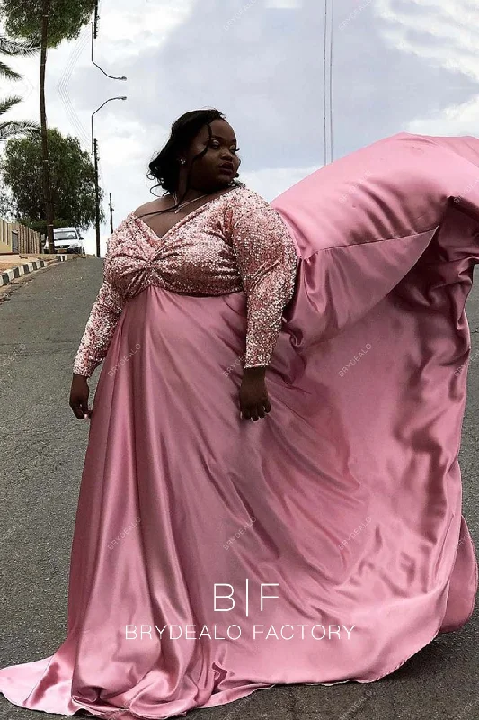 Rose Gold Sequin Plus Size Empire Charmeuse Long Prom Dress Tunics Chic fashionable