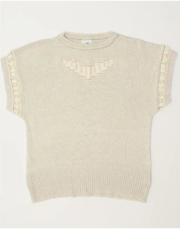 VINTAGE Womens Short Sleeve Crew Neck Jumper Sweater IT 46 Large White Soft Cozy Warm