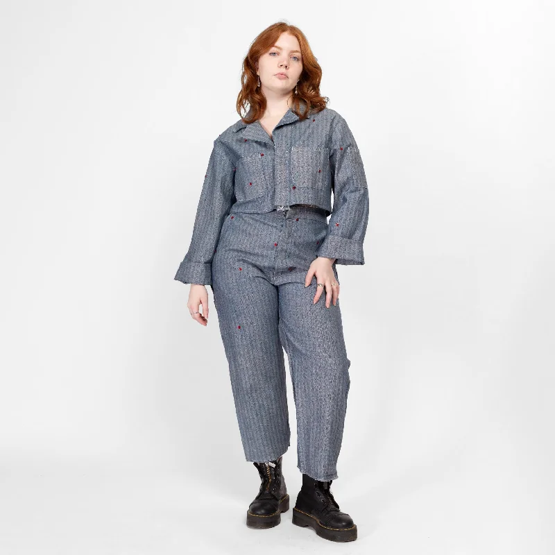 Lrg-XL Y2K Herringbone Workwear Sequin Coverall Jacket & Pants Set Chenille Fabric Brocade Fabric Lace Fabric