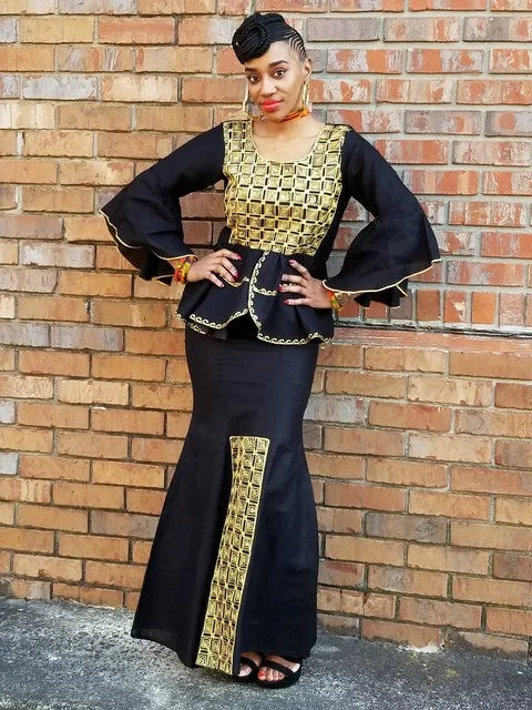 Black Panther African Top and Skirt with Gold Embroidery-DP3939T asymmetrical skirt cut