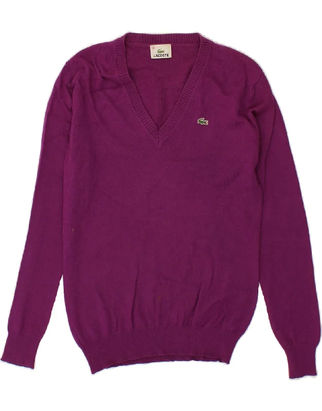 LACOSTE Womens V-Neck Jumper Sweater Size 38 Medium Purple New Wool Elegant Classic Vintage