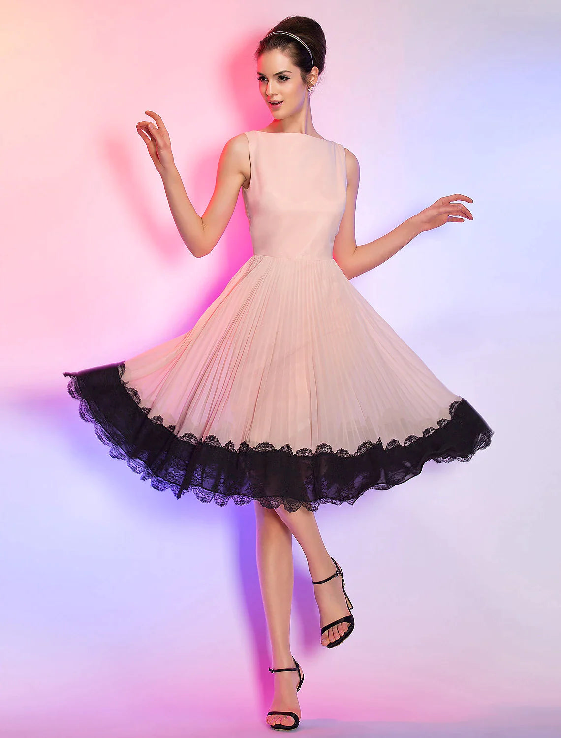 A-Line Vintage Dress Knee Length Sleeveless Boat Neck Chiffon Lace Tunics Chic elegant
