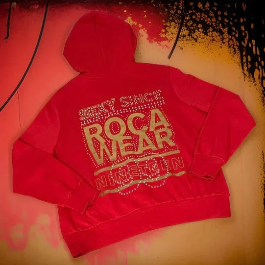 *ROCAWEAR* (TRUE RED) ZIP UP HOODIES (VINTAGE DEAD-STOCK) Hoodie with Hem Drawcord Adjustable Customizable