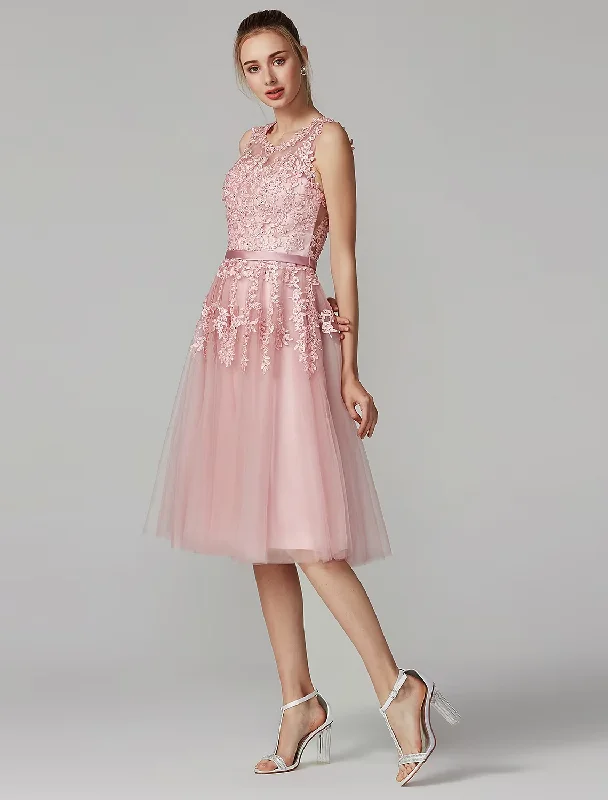 A-Line Cute Dress Cocktail Party Knee Length Sleeveless Illusion Neck Tulle Over Lace with Beading Appliques Tunics Print Colorful